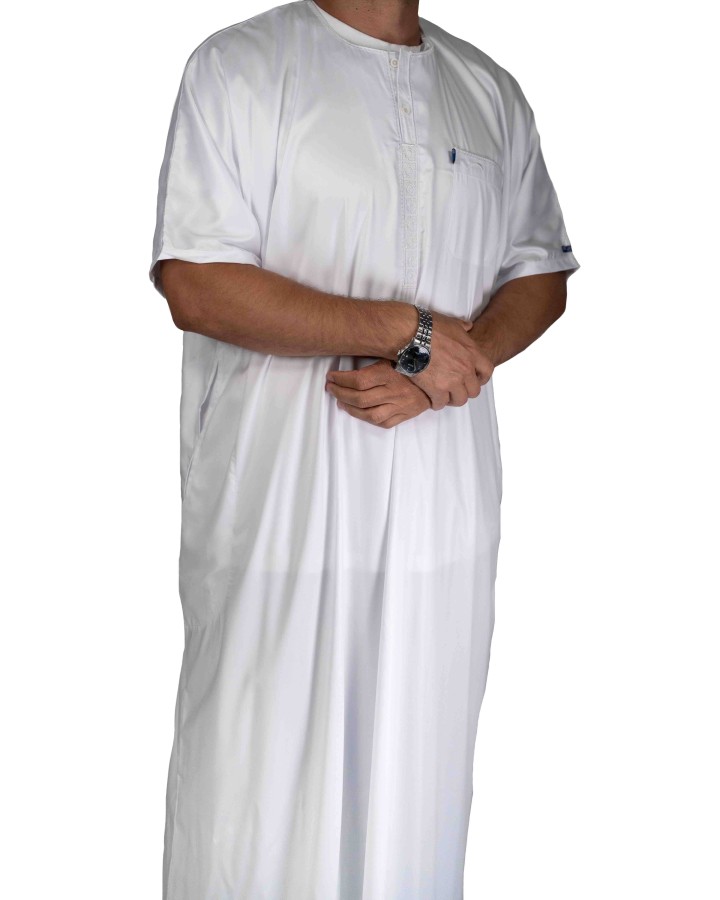 Qamis Ikaf Blanc - Tissu satiné - Manches courtes
