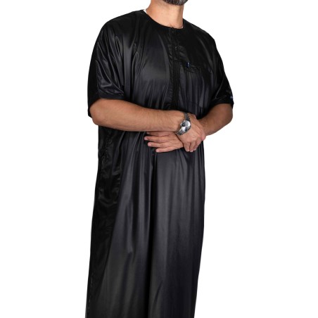 Thobe Ikaf Black - Satin fabric - Short sleeves