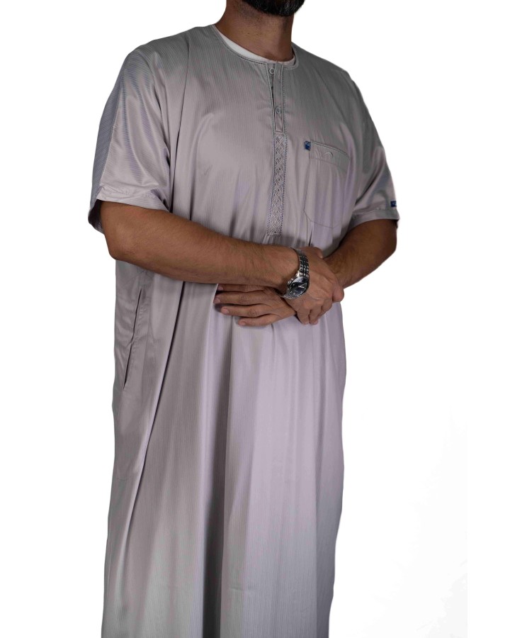 Qamis Ikaf Gris - Tissu satiné - Manches courtes