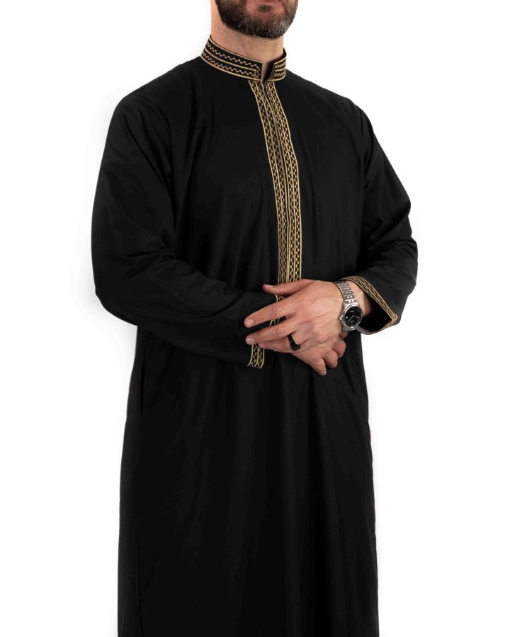 Thobe Sultan Black / Gold - with embroidery - Cotton