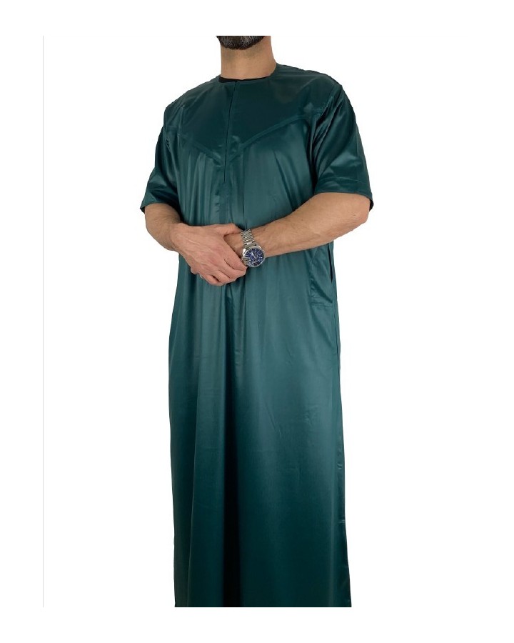 Qamis Emirati manches courtes Vert Bouteille - Satiné Precious