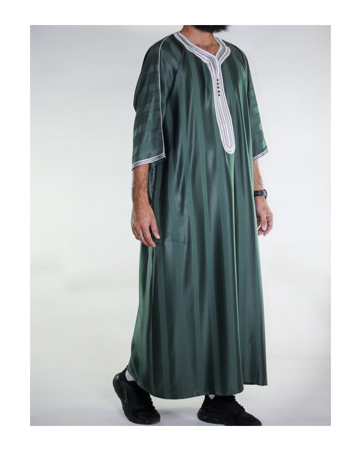 Gandoura marroquina verde garrafa / Bordado branco