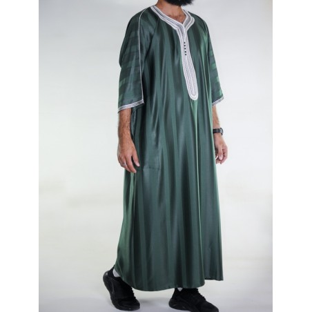Gandoura marroquina verde garrafa / Bordado branco