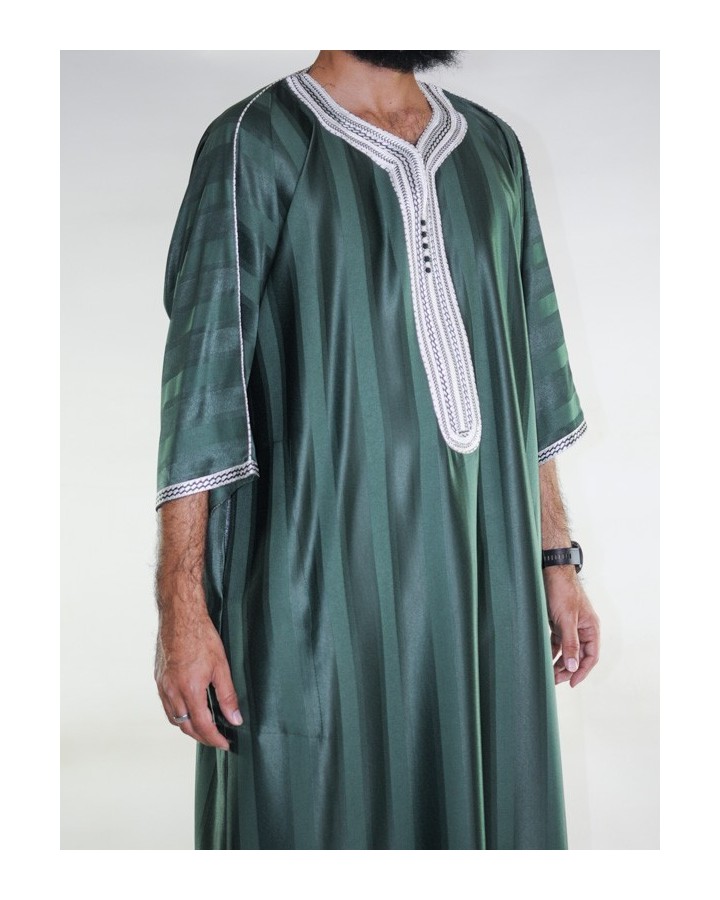 Gandoura marocaine Vert bouteille / Broderie Blanche