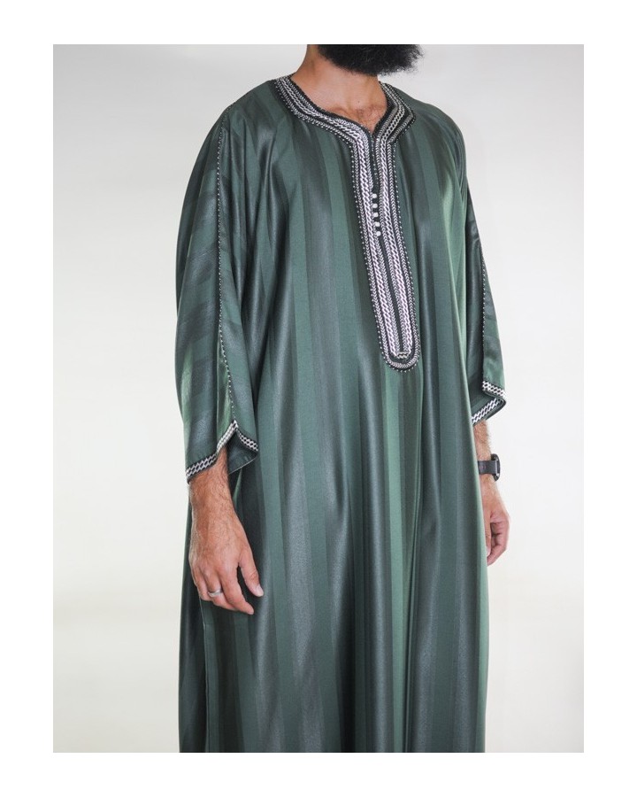Bottle green Moroccan Gandoura / White embroidery