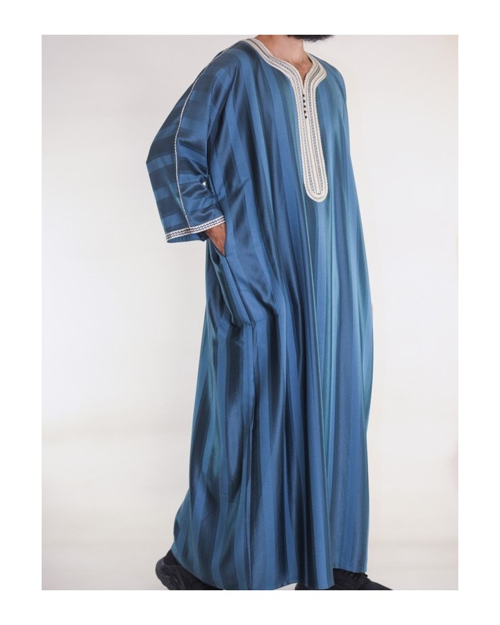 Gandoura marocaine Bleu émeraude / Broderie blanc