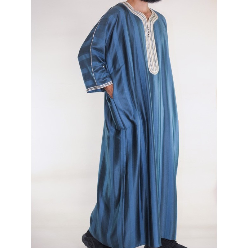 Gandoura marroquina azul-esmeralda / Bordado branco
