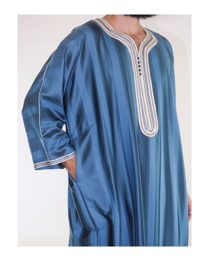 Gandoura marroquí azul esmeralda / Bordado blanco
