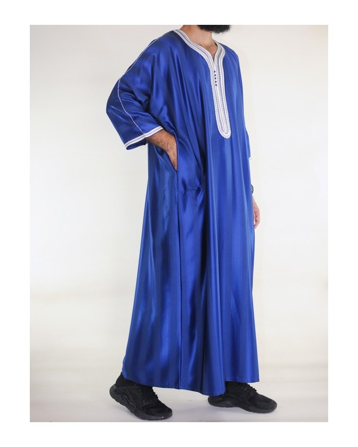 Gandoura marocchino blu King / Ricamo bianco