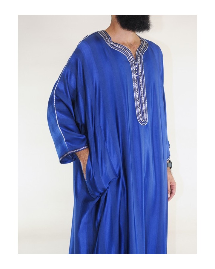 Gandoura marocchino blu King / Ricamo bianco
