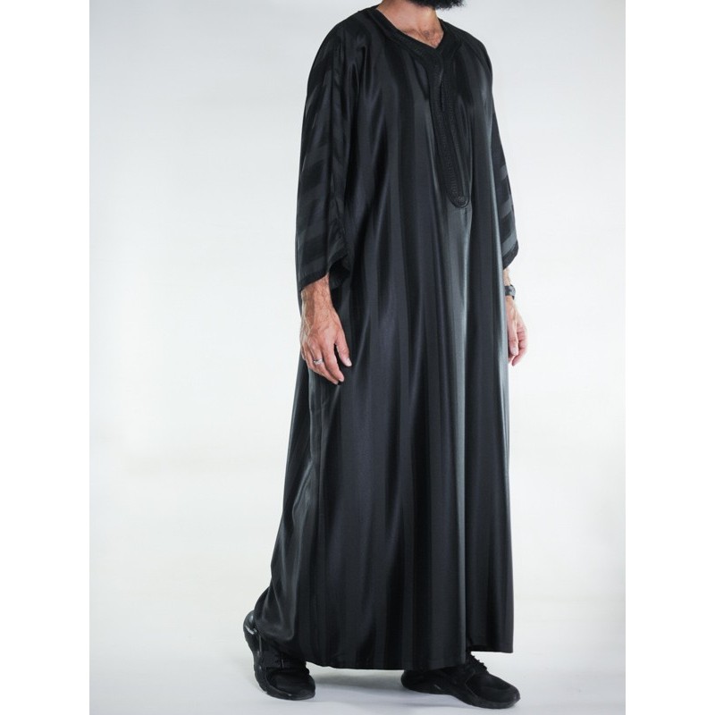 Gandoura marocaine Jawhara - Noir / Broderie ton sur ton