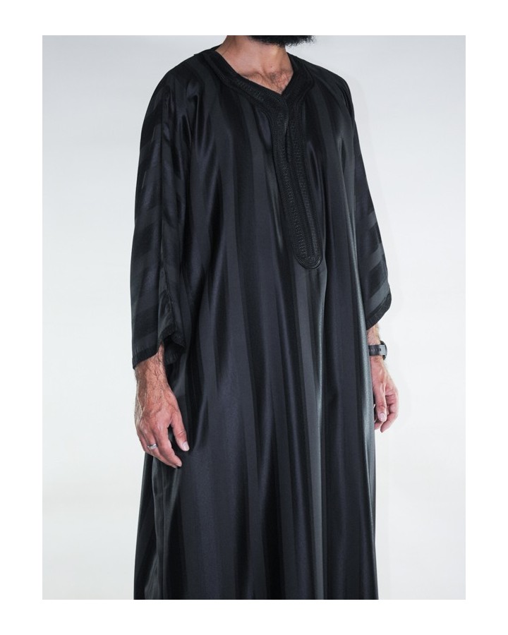 Gandoura marocaine Jawhara - Noir / Broderie ton sur ton