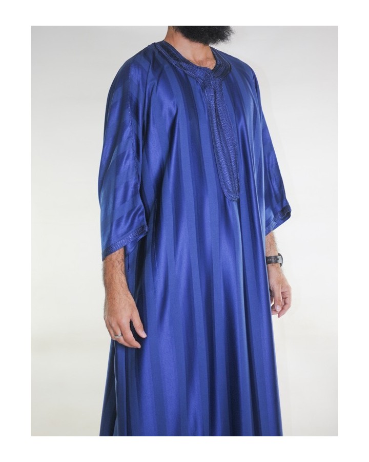 Gandoura marocaine Jawhara - Bleu marine / Broderie ton sur ton