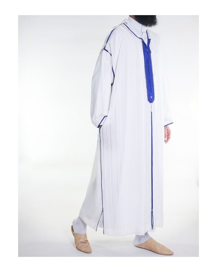 Djellaba marocaine en mousseline - Blanc cassé bleu roi
