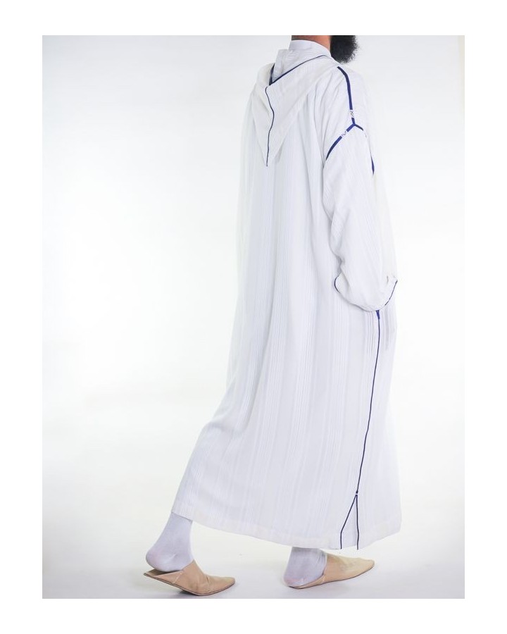 Djellaba marocaine en mousseline - Blanc cassé bleu roi