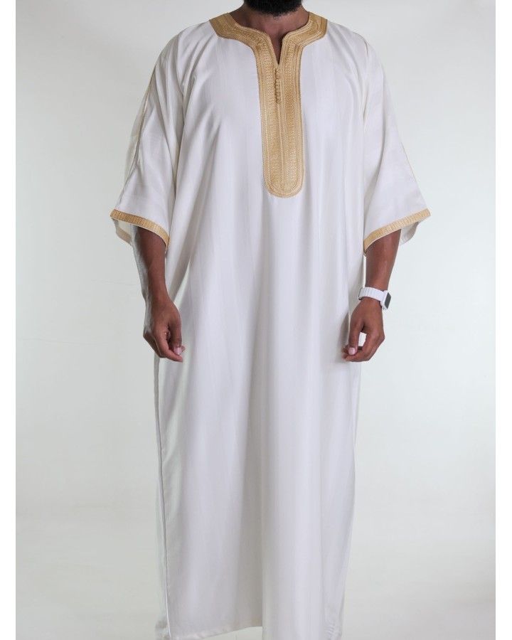 Gebroken witte Marokkaanse Gandoura / Goudkleurig borduursel