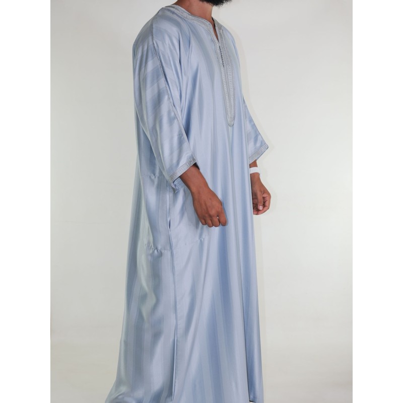 Gandoura marocaine Jawhara - Gris clair / Broderie ton sur ton