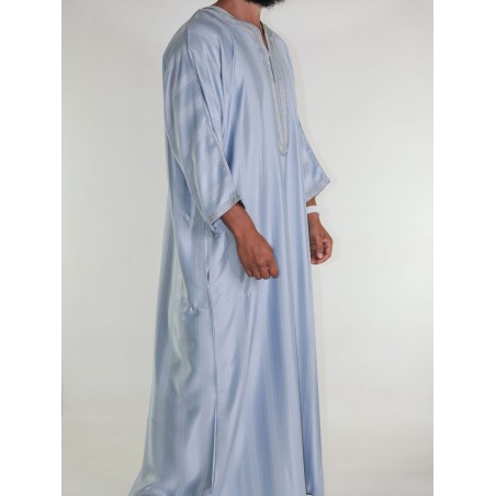 Gandoura marocaine Jawhara - Gris clair / Broderie ton sur ton
