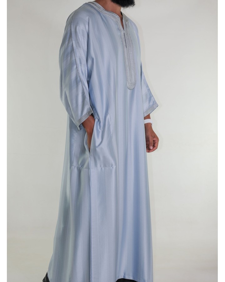 Gandoura marocaine Jawhara - Gris clair / Broderie ton sur ton