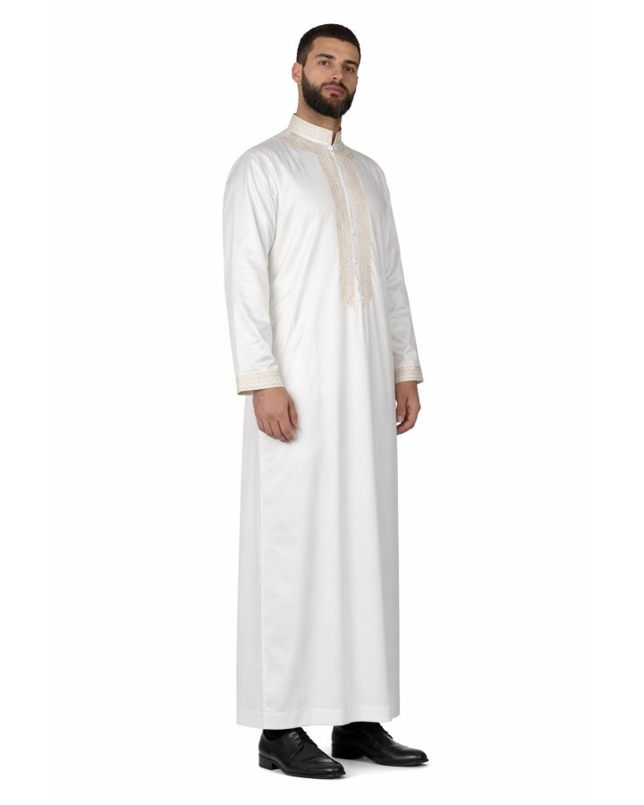 Qamis Sultan Vit / Guld - med broderi - Bomull