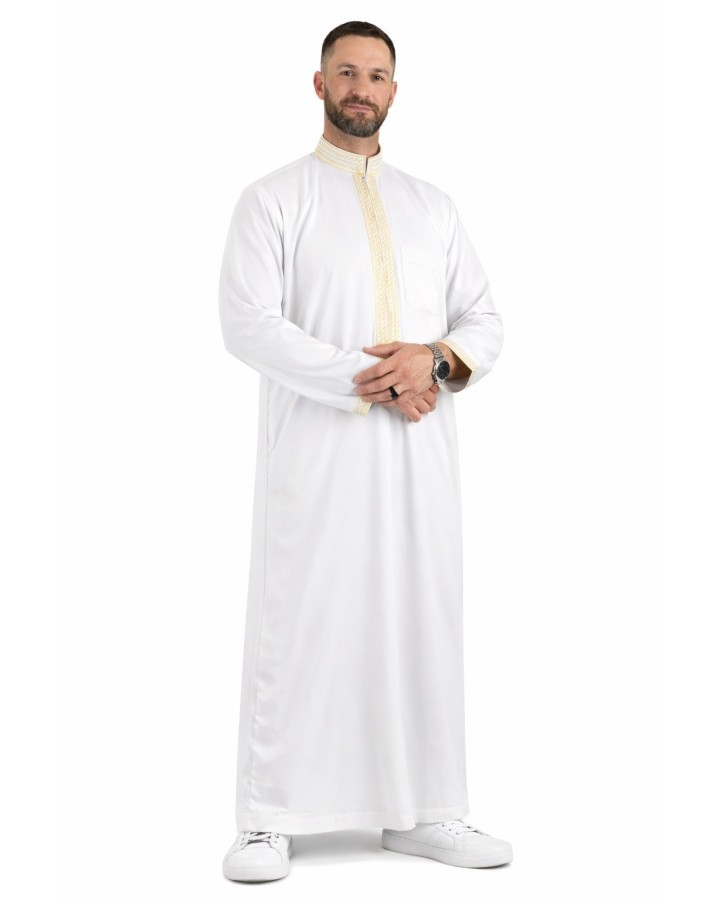 Qamis Sultan Bianco / Oro - con ricamo - Cotone