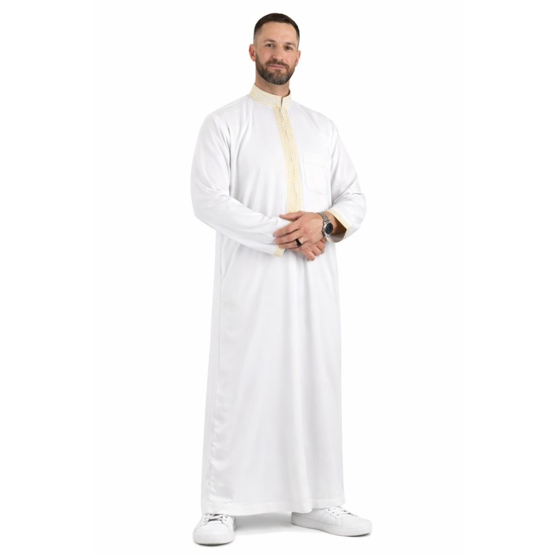 Qamis Sultan Blanc / Doré - avec brodure - Coton