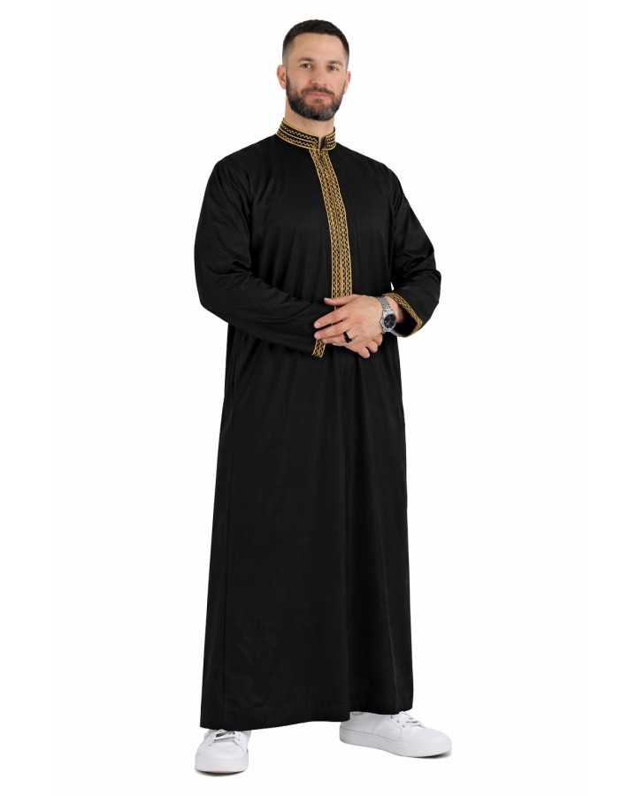 Qamis Sultan Noir / Doré - avec brodure - Coton