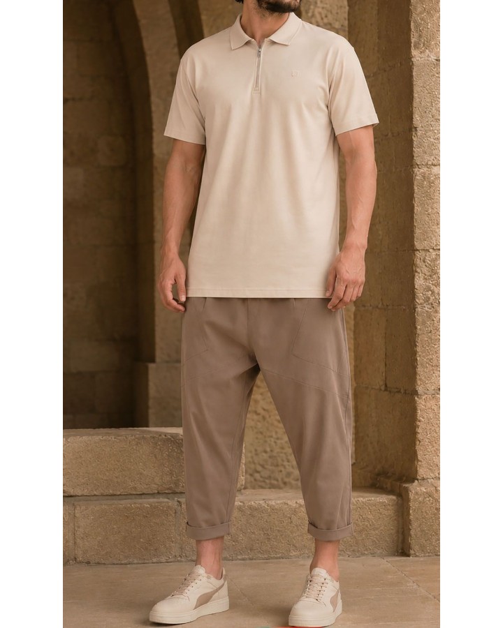 Tricou polo cu fermoar supradimensionat bej QTT3002 - Qabail