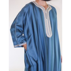 Gandoura marocaine Bleu émeraude / Broderie blanc