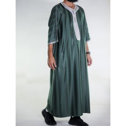 Bottle green Moroccan Gandoura / White embroidery