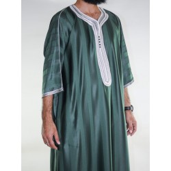 Bottle green Moroccan Gandoura / White embroidery