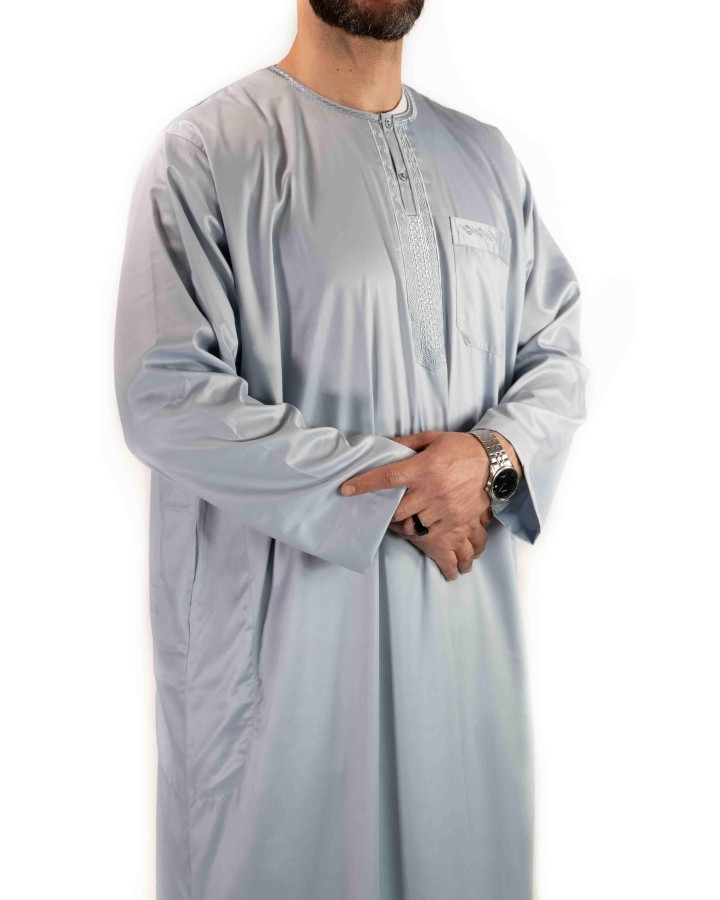 Atlas Satin Light Grey Qamis - mâneci lungi