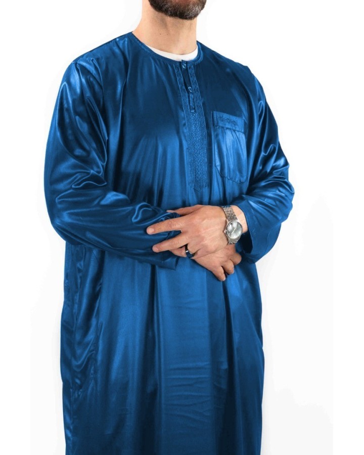 Qamis Atlas Bleu Roi satiné - manches longues