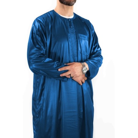 Atlas King Blue Satin Qamis - lange ærmer