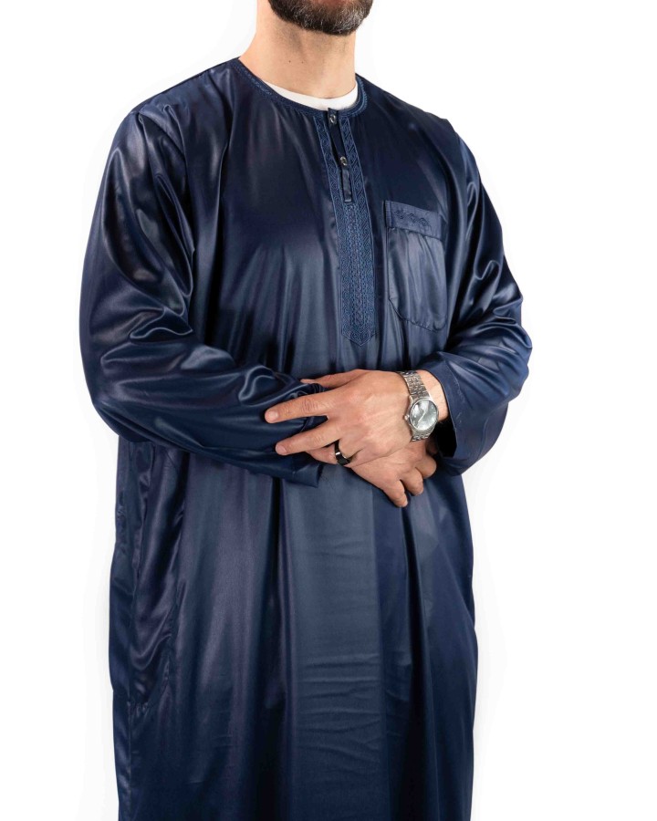 Thobe Atlas Navy Blue Satin - Long Sleeve