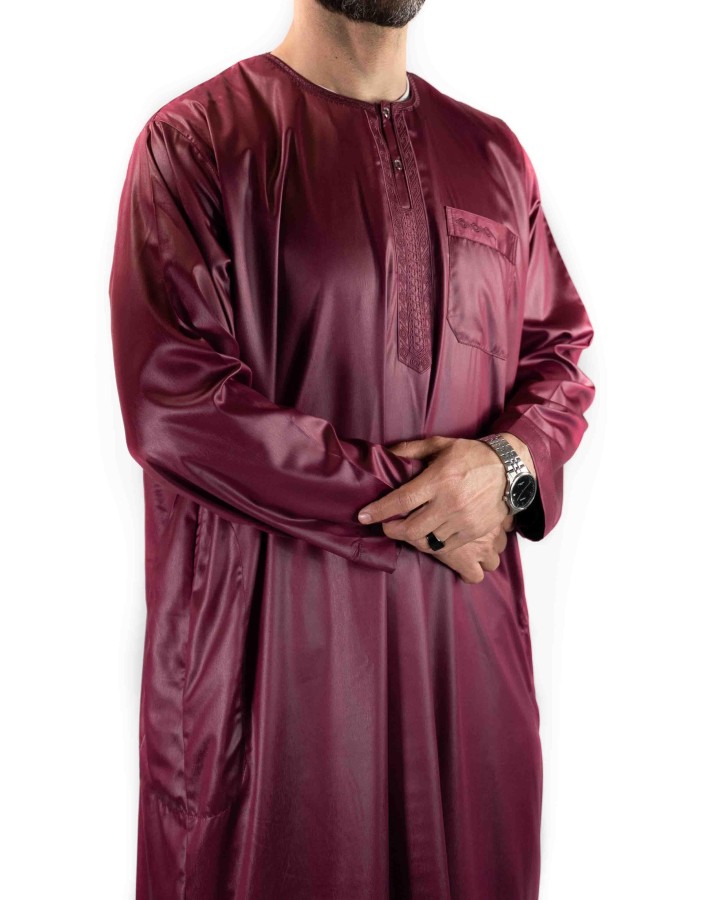 Qamis Atlas Bordeaux satiné - manches longues