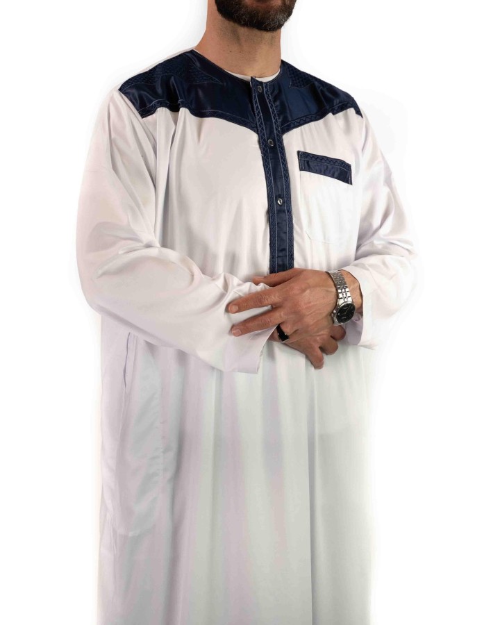 Qamis Atlas Bicolore Blanc / Bleu Marine satiné - manches longues