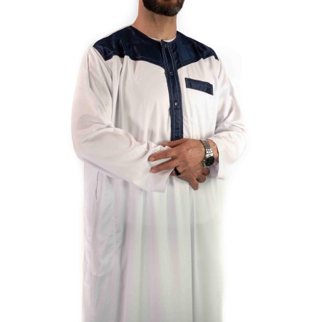 Qamis Atlas Bicolore Blanc / Bleu Marine satiné - manches longues