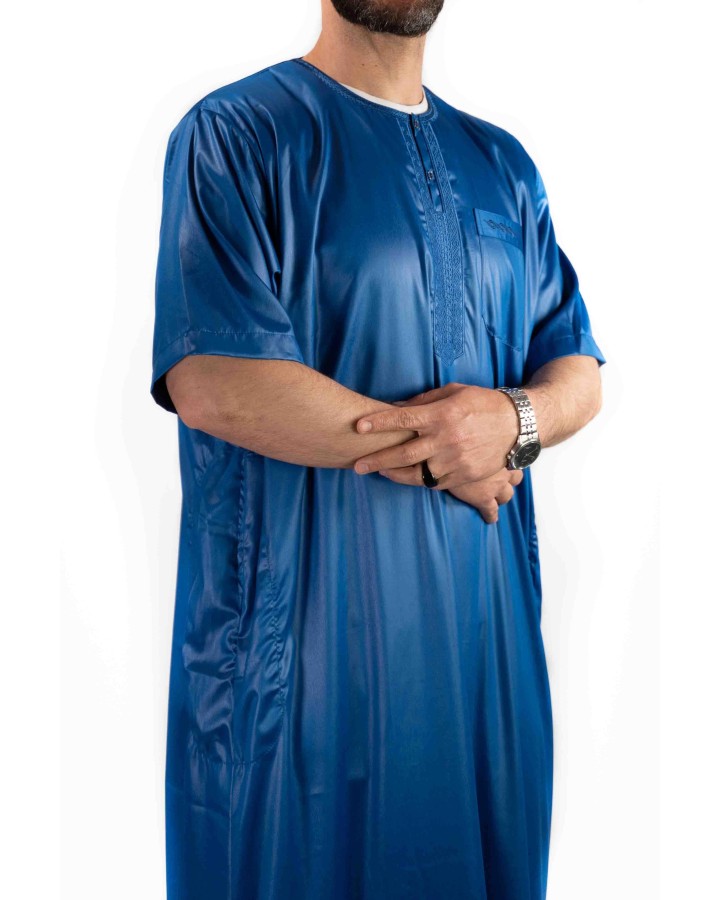 Royal blue satin Qamis - korta ärmar