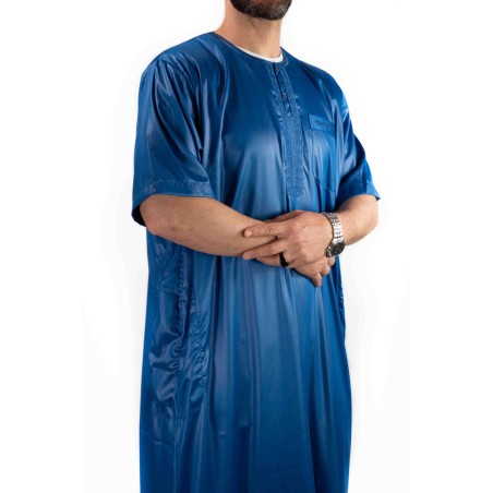 Royal blue satin Qamis - korta ärmar