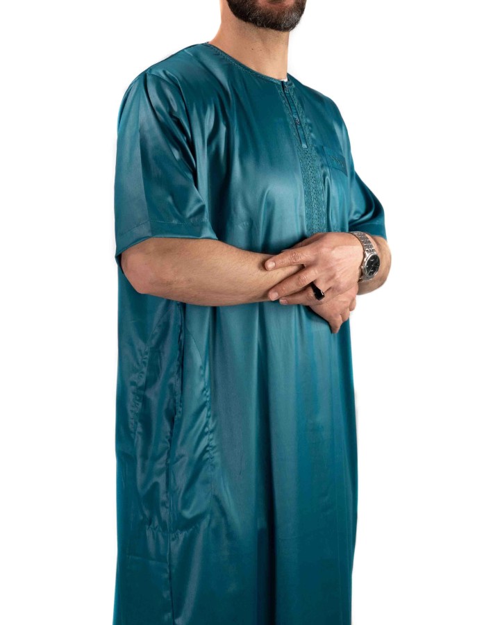 Qamis din satin albastru-verde - mâneci scurte