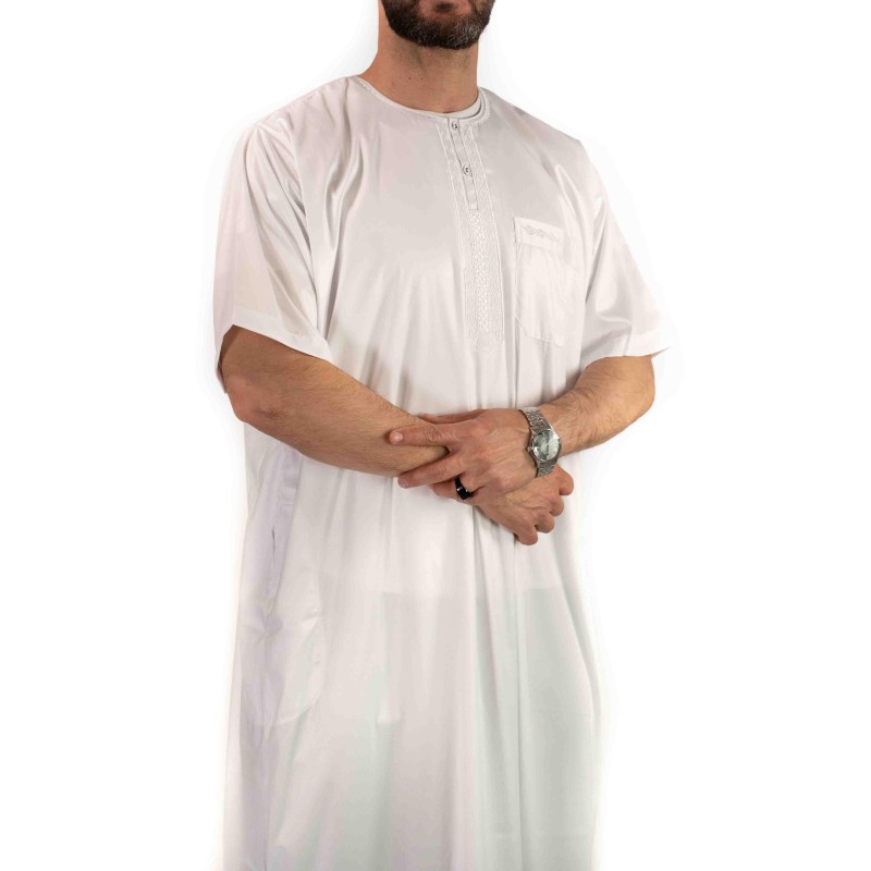 Qamis Atlas Blanc satiné - manches courtes