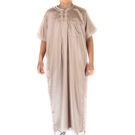 Qamis Enfant / Ado Beige satiné  manches courtes - Atlas