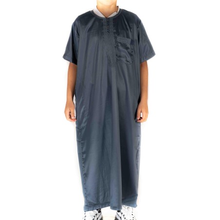 Qamis Enfant / Ado Gris Foncé satiné  manches courtes - Atlas