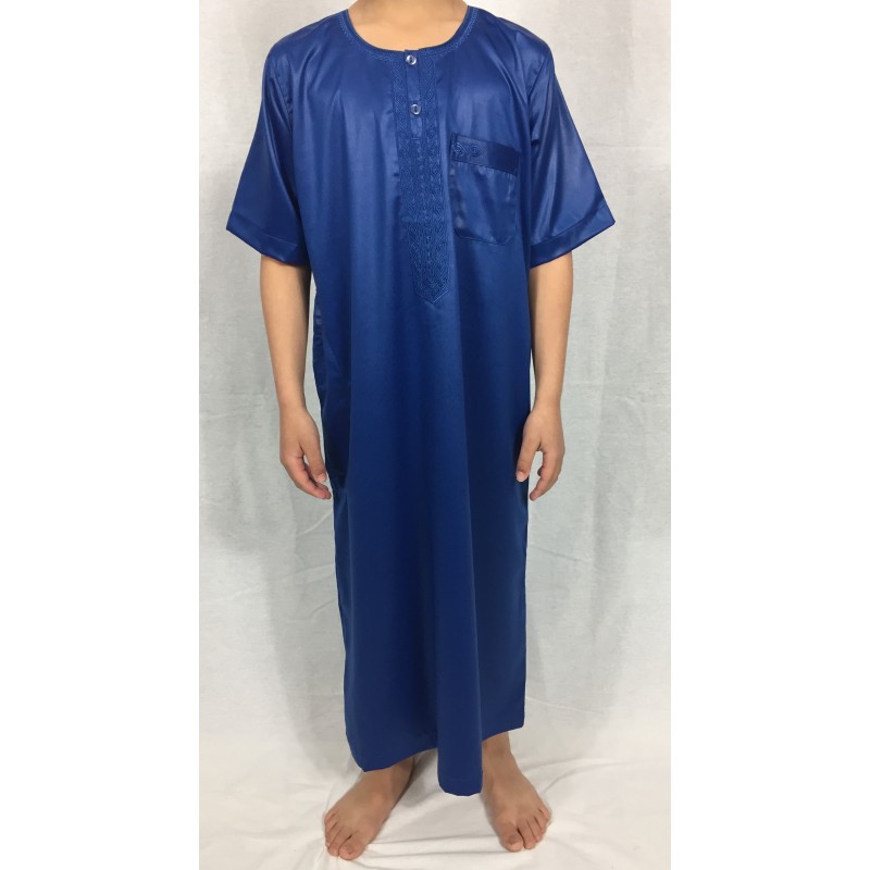 Qamis Enfant / Ado Bleu roi satiné  manches courtes - Atlas