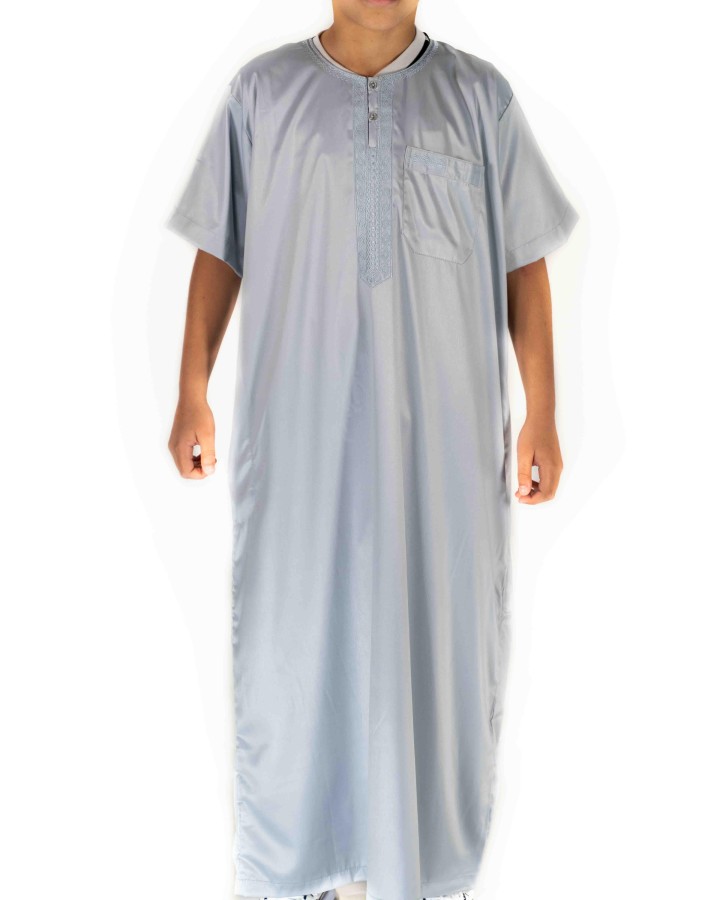 Qamis Enfant / Ado Gris clair satiné manches courtes - Atlas