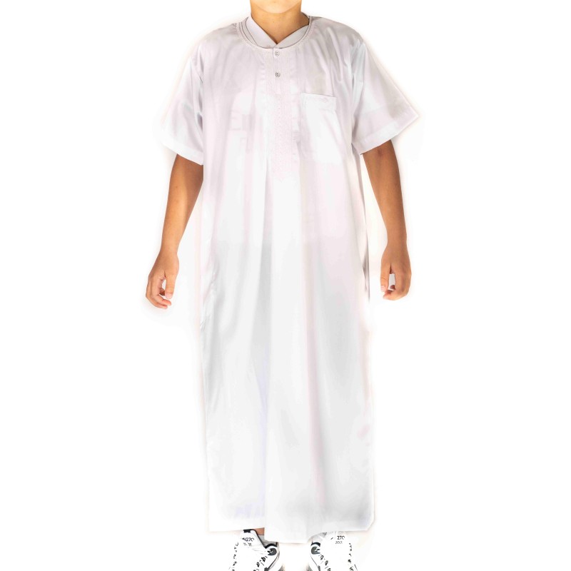 Qamis Enfant / Ado Blanc satiné manches courtes - Atlas