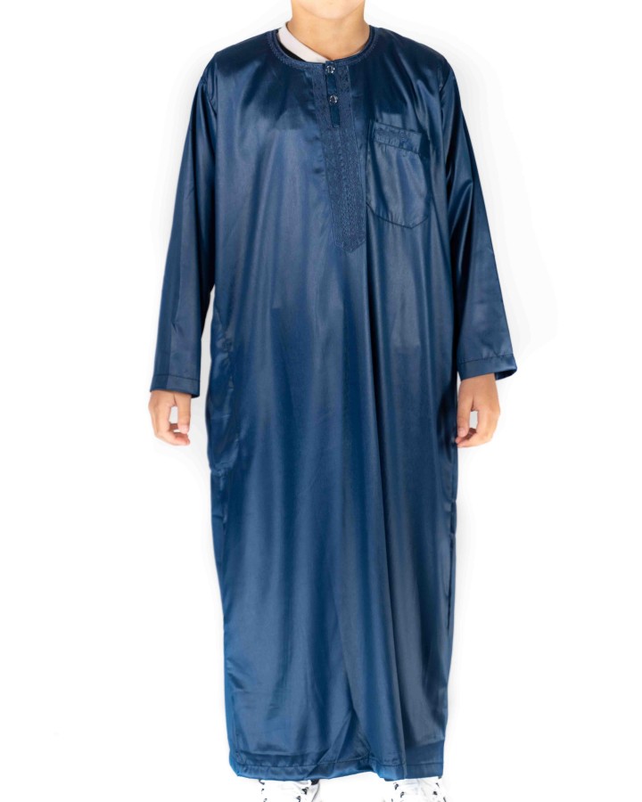 Qamis Enfant / Ado Bleu marine satiné manches longues - Atlas