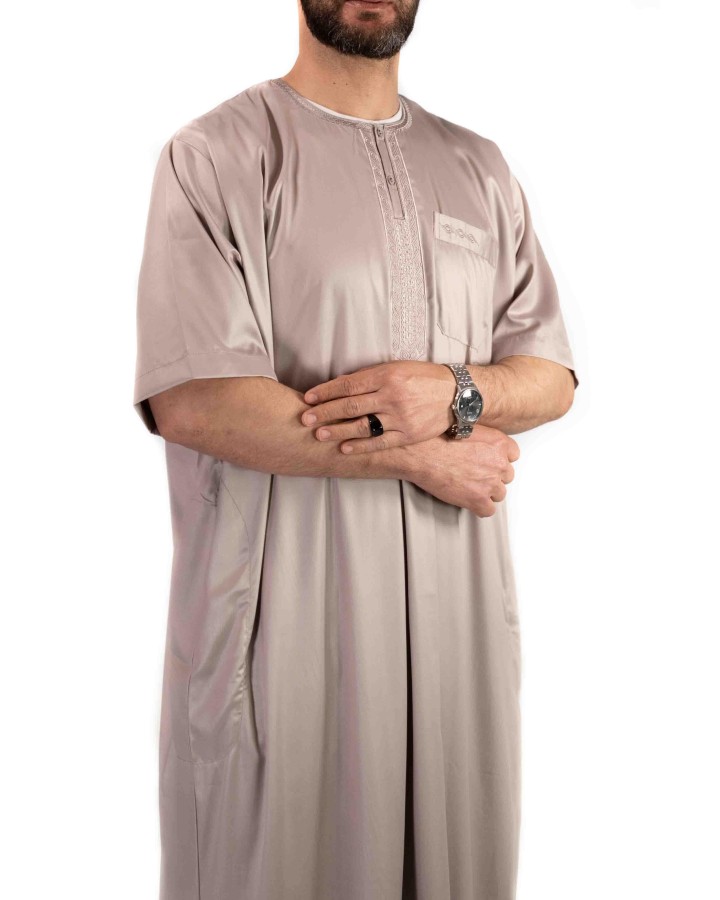 Qamis Atlas Beige satiné - manches courtes
