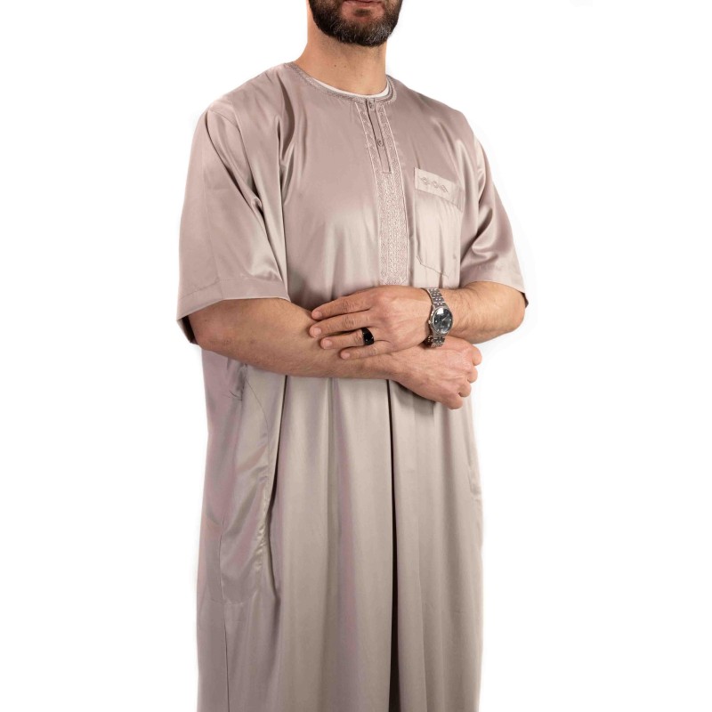 Qamis Atlas Beige satiné - manches courtes